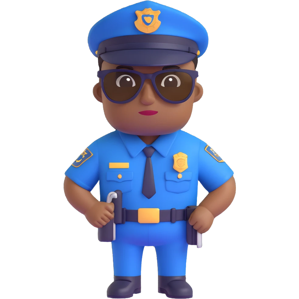 black policeman with dark blue uniform, wearing brown sunglasses, no hat, clean background emoji