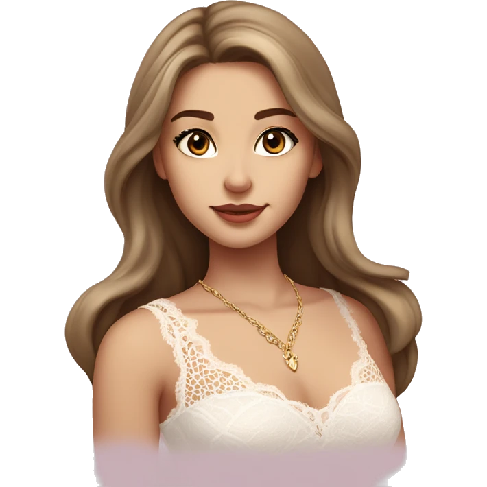 fair-skinned girl with dark brown, slim shaped eyes and long lashes. long, light brown hair styled in a wavy blowout. wearing a delicate white lace tank top and a dainty gold necklace, plump light pink lips. emoji