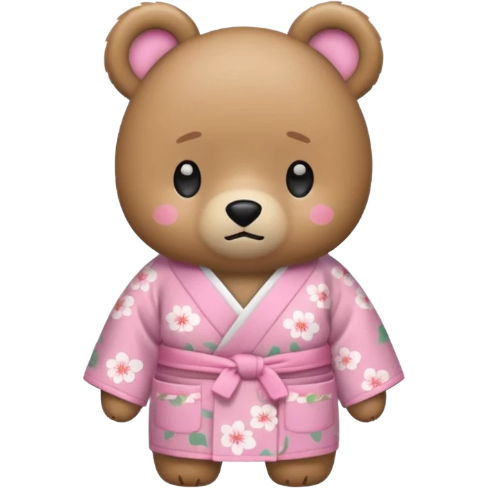 A cute light-brown bear wearing a pastel pink sakura-patterned kimono, normal balanced body ratio.  
Turning pockets inside out with a worried embarrassed face, a tiny coin rolling away.  
Kawaii emoji style, minimalistic clean sticker illustration, white background. emoji
