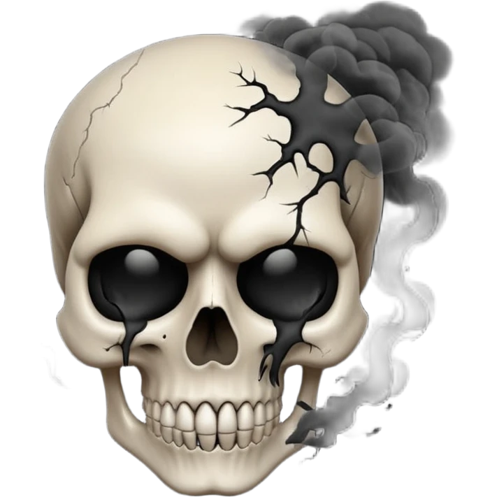 iOS style emoji, dark fantasy skull, cracks, black smoke from eyes, soft light, stylized emoji