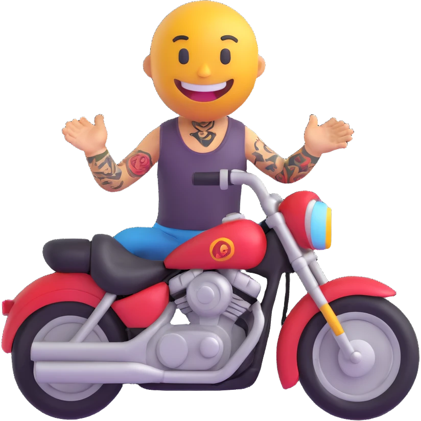 3D smiley emoji, round shape, motorcyclist in sleeveless shirt: sleeveless shirt, tattoo, funny face emoji
