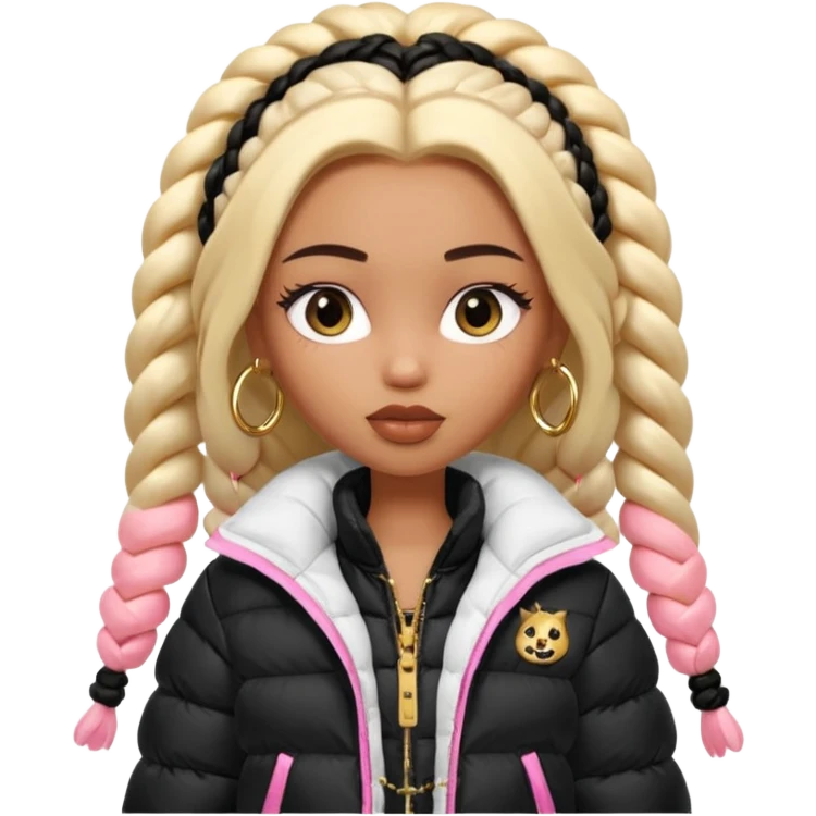 generate a pretty bratz girl with a WHITE puffer jacket, hoops, long braided hair black emoji