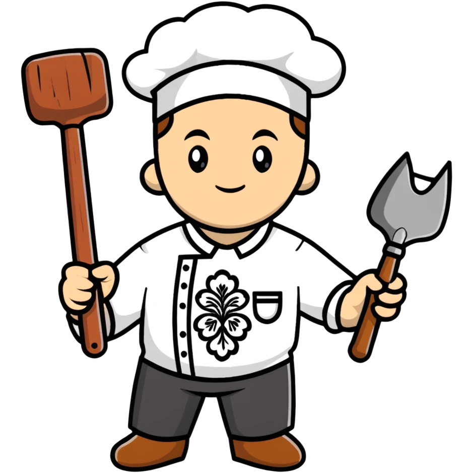 Ukrainian man wearing traditional white embroidered shirt (vyshyvanka) holding a hammer in one hand and a kitchen ladle in the other hand emoji