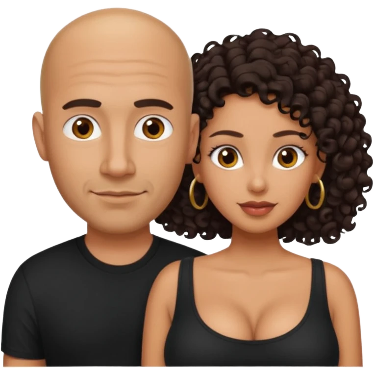 A picture of a tanned couple. the man is a Mexican man with tanned skin, a bald hair cut, short beard and wearing a black shirt. the woman is mixed, with long curly dark brown hair and with big boobs  emoji