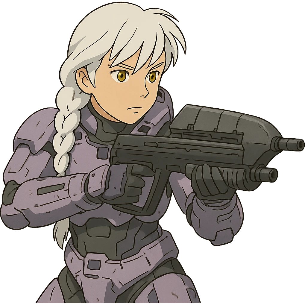 female, wearing reach spartan armor shoulder-unequip, long white braid hair with massive messy front side single bangs, gold yellow eyes, attention pose, HALO:series, no helmet, the armor is lavender color scheme, shoulder pad off. DDD bust size fitting. ,  aiming a classic HALO1 AR, tactical, lean emoji