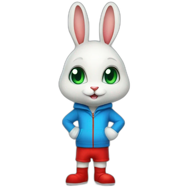Blue humanoid rabbit with red shorts and white gloves with green eyes and monkey tail, full body emoji