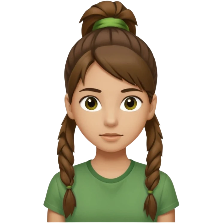 Make a zumba coach emoji, brown eyes, brown hair girl, green shirt with the "the roots" on it, longer pony tail hair emoji