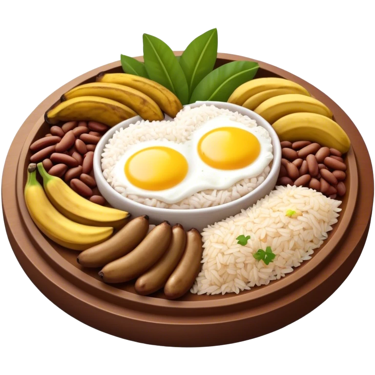 Cinematic Realistic Bandeja Paisa Dish Emoji, depicted as a hearty platter featuring beans, rice, meat, and plantains rendered with detailed textures and vibrant, robust lighting. emoji