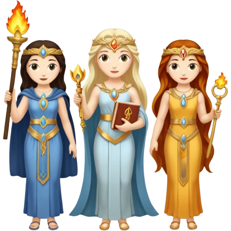 Three goddesses. one with a key, one with a torch, one with a book and a moon on it.  emoji
