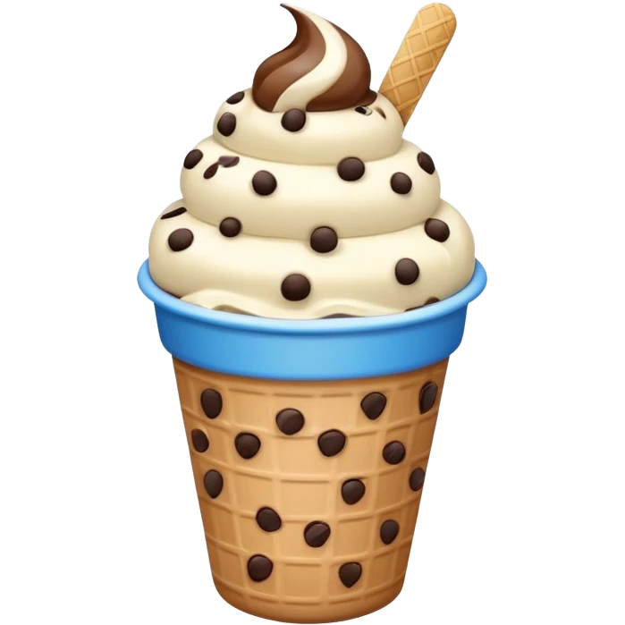 Ice cream with a chocolate chip on a top and in a cartoon white blue line cup  emoji