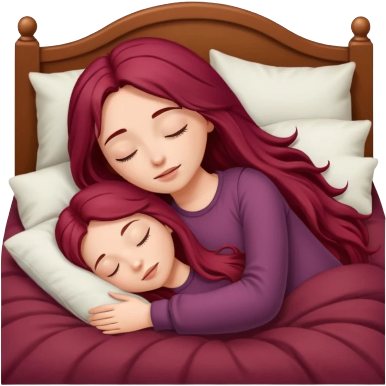 Beautiful long burgundy haired girl sleeping in big comfy bed emoji