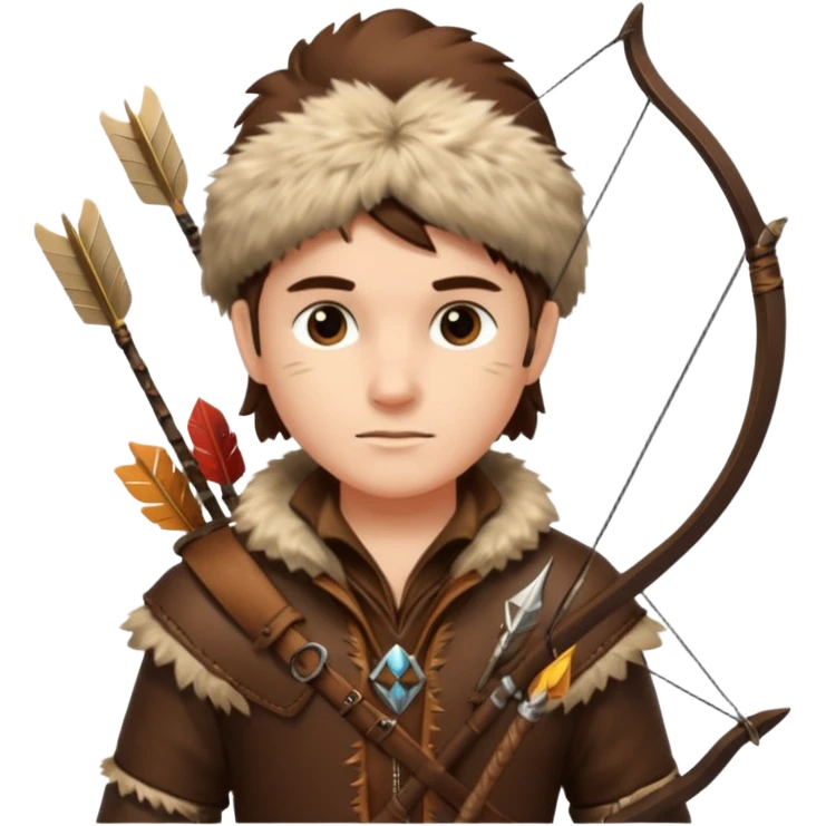 The classic hunter figure with a bow and arrow on his back, dressed in brown clothes and adorned with animal decorations emoji
