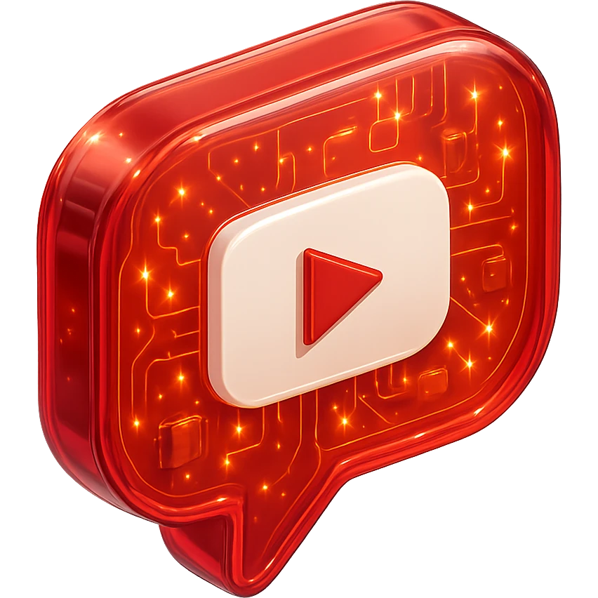 red speech bubble with inside a big red YouTube white play button, very glossy circuit style, lot of glow emoji