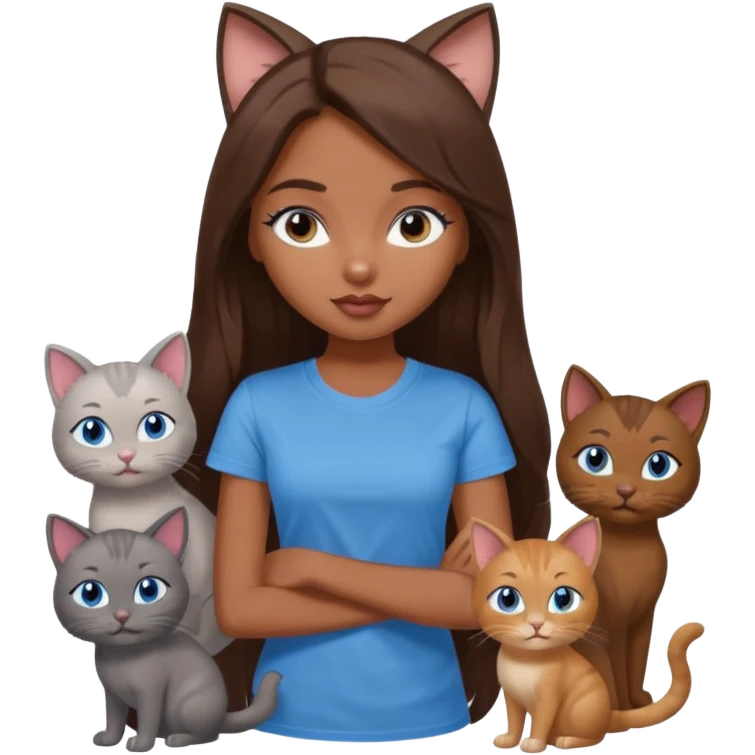 a pretty bratz dusky girl with long brown hair, blue eyes with six cats nd wearing a grey tshirt emoji