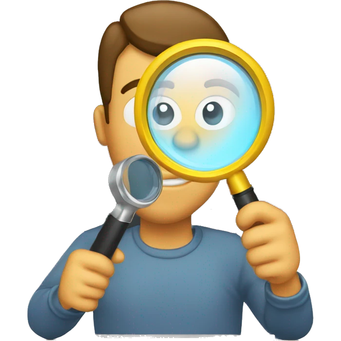 man holding a magnifying glass to read a computer monitor emoji