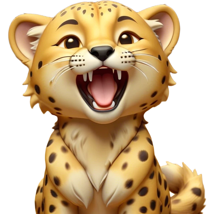 Cinematic Cute Yawning Cheetah Portrait Emoji, Head tilted slightly with a dramatic, wide-open yawn, showcasing a soft, sleek golden Fur with distinctive spots and floppy ears slightly drooping, round amber eyes barely open in drowsy contentment, Simplified yet irresistibly adorable features, highly detailed, glowing with a soft, cozy glow, high shine, relaxed yet expressive, stylized with a touch of savannah whimsy, bright and endearing, soft glowing outline, capturing the essence of a sleepy yet affectionate cheetah, so drowsy it feels like it could stretch right out of the screen and curl up for a nap! emoji