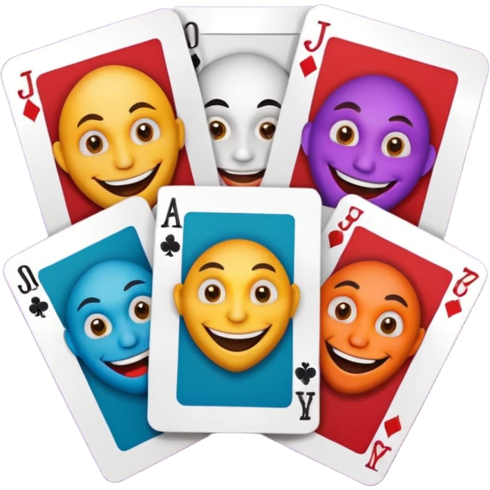 3 poker cards, with crazy colorful human jolly jokers inside, face only emoji