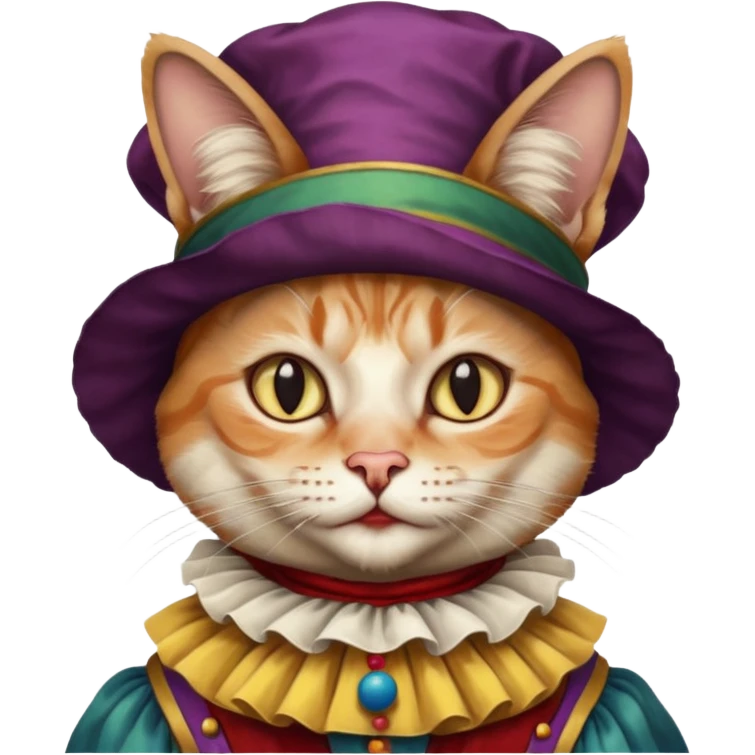 Renaissance painting style cat with clown makeup and attire emoji