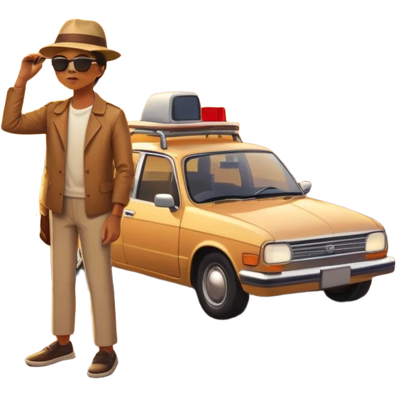 A parked car rests on the side of a long with a person outside , empty road stretching toward a golden sunset. The sky glows with warm colors, and the landscape ahead feels open, peaceful, and full of promise. emoji
