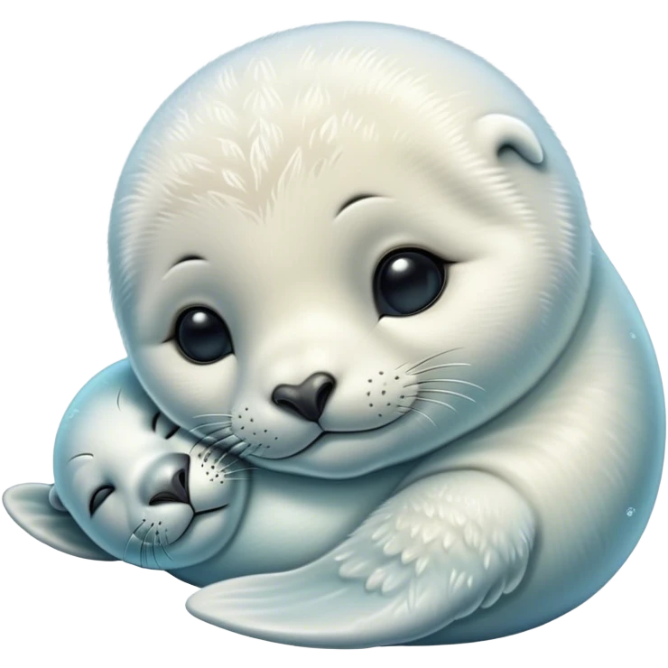 Beautiful and Majestic Baby Seal Portrait Emoji, Head and body resting serenely with a gentle, content smile, showcasing a soft, cuddly form with tender, glistening fur and eyes peacefully closed in a tranquil slumber, Simplified yet exquisitely endearing features, highly detailed, glowing with a soft, radiant polar light, high shine, serene and utterly lovable, stylized with an air of regal innocence, soft glowing outline, capturing the essence of a beautiful and majestic baby seal that embodies the quiet wonder of arctic serenity! emoji