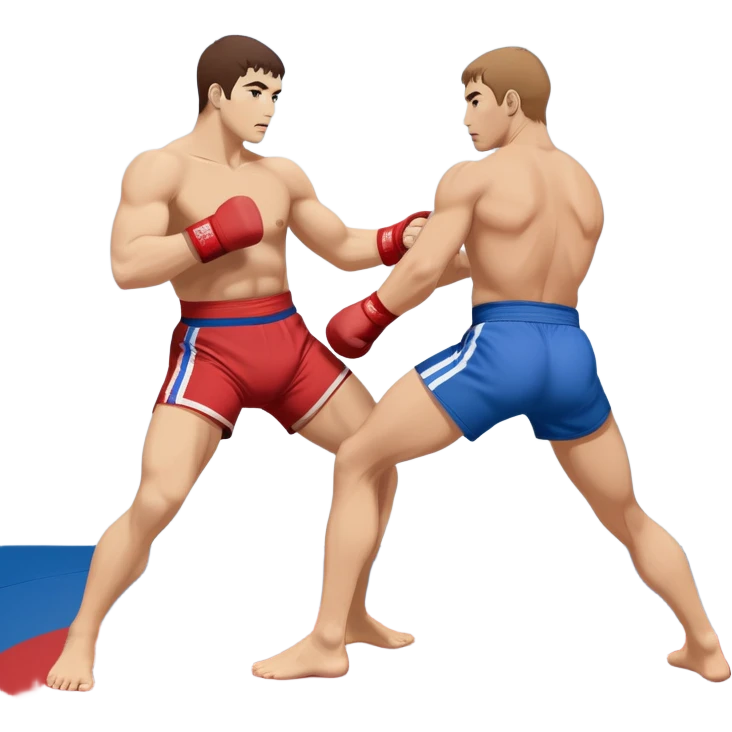 Two sambo fighters in blue and red gis with shorts, executing grappling and throwing techniques. The athletes are engaged in a dynamic hold or throw, showcasing the strength and skill of the sport. The background features a wrestling mat. Transparent background  emoji
