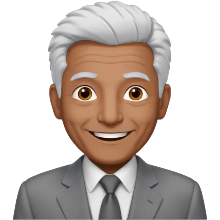 70 yr old man, very short spike white hair, pakistani, light grey business suit, big smile, dark skin, no facial hair, less hair
 emoji