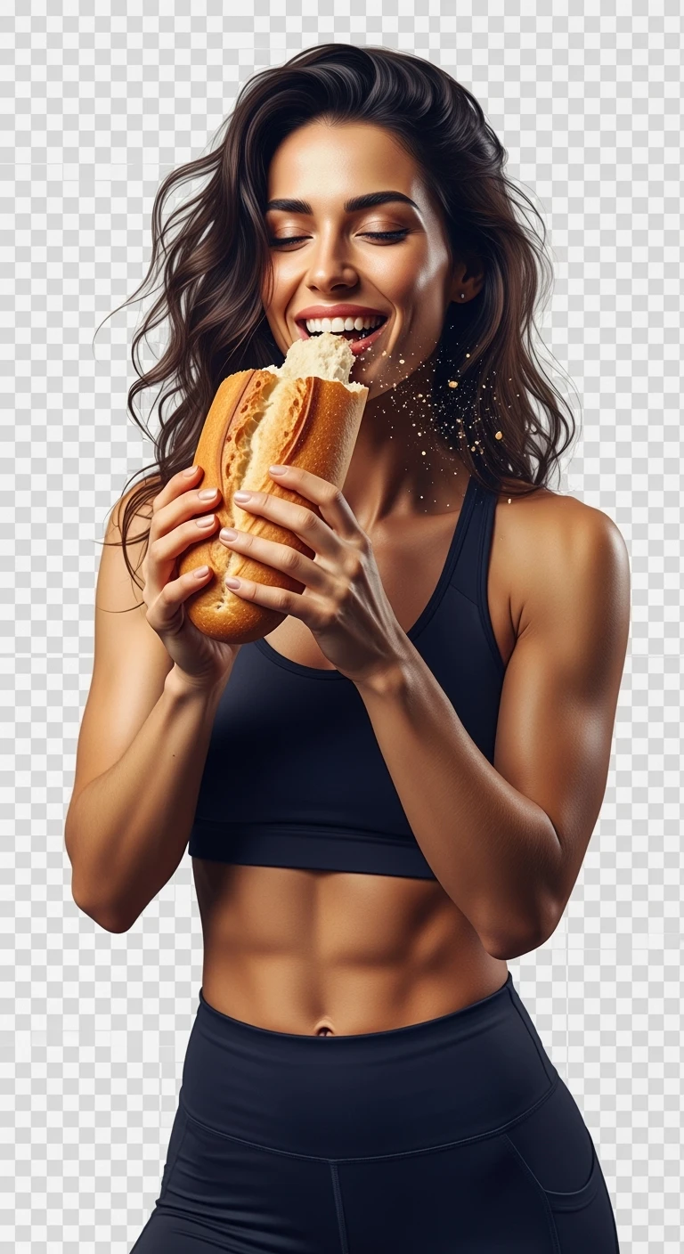 DONNA FITNESS ITALIANA CHE MANGIA PANE FELICE, IPERREALISTICA 4K, SENZA SFONDO emoji
