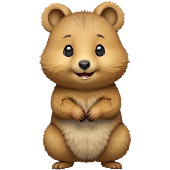 cinematic-realistic quokka-emoji,-small-round-frame-balanced-on-tiny-strong-hind-legs, head tilted in an endearing manner, comical smil, giant-fluffy-cheeks-large-smile-fluffy-brown-fur-radiating-a-warm-softness,-big-round-eyes-filled-with-joy, realistic fluffy zoomed in emoji