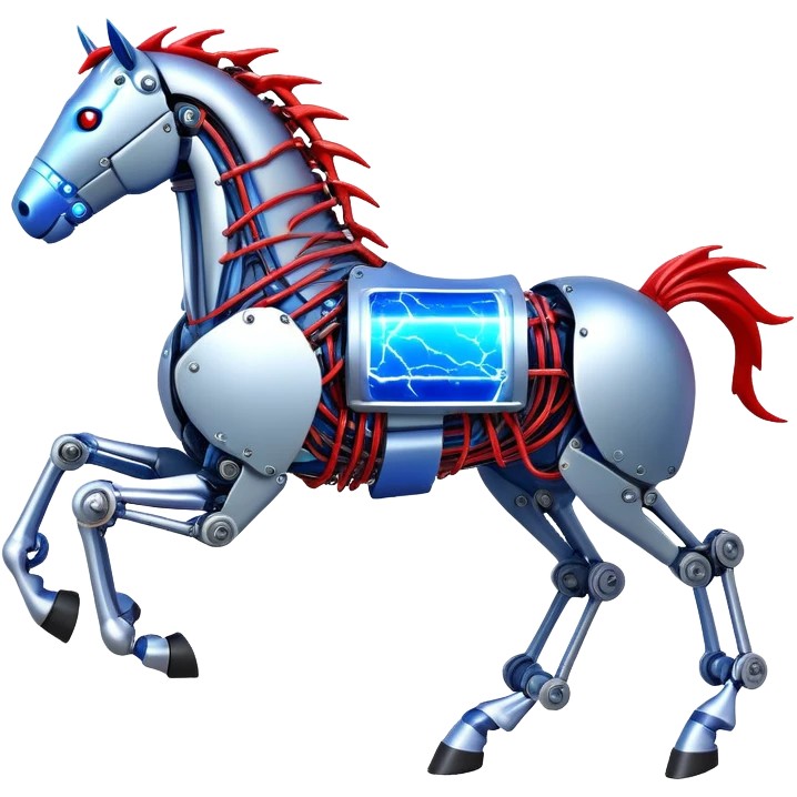 fast electric horse made of electricity, metal plates, bolts, visible blue and red wires, lightning coursing through its body, mechanical hooves emoji