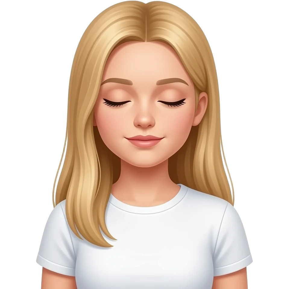 bella ragazza russa bionda capelli lisci lunghi e occhi chiari, con maglietta bianca e ha sonno emoji