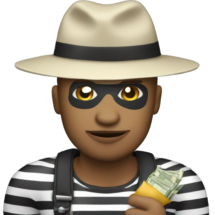 Thief with black and white stripes shirt wearing a hat holding a money bag emoji