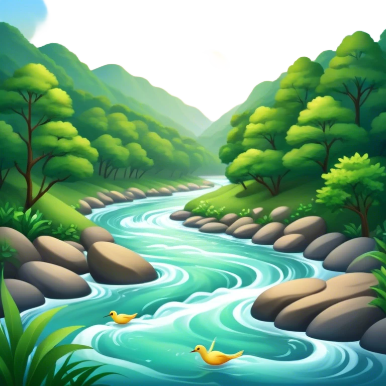 Cinematic Realistic River Emoji, Serene and flowing, with sparkling water meandering through lush greenery, surrounded by trees and rocks. The sun dances across the rippling surface, creating glimmering reflections while birds fly overhead. Soft glowing outline, capturing the essence of peacefulness and tranquility in a meandering river. emoji