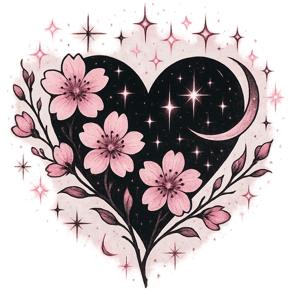 goth sakura heart, celestial theme, black heart with pink sakura and stars, mystical and romantic emoji