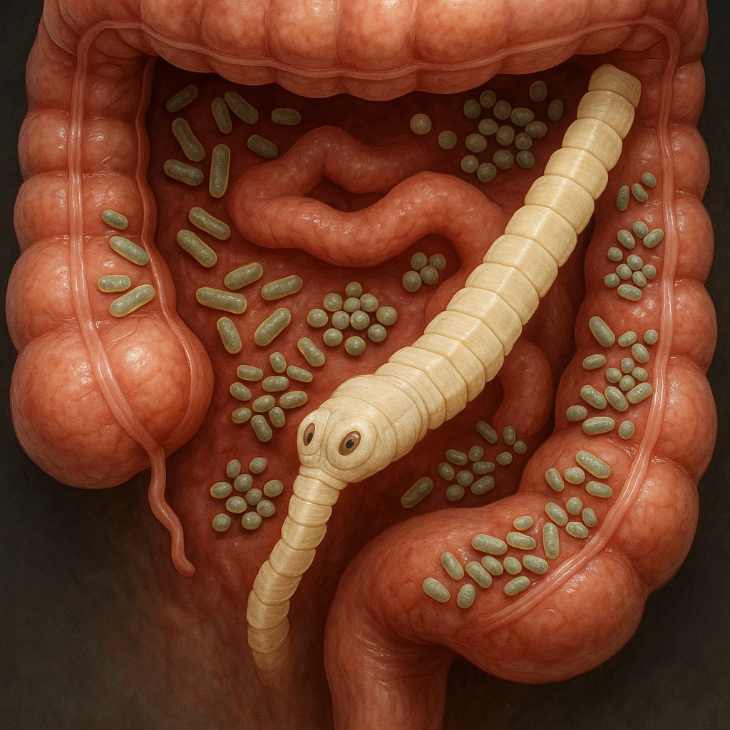 a medical illustration of a human realistic gut with bacteria and parasyte (tenia) realistic 4k real   emoji