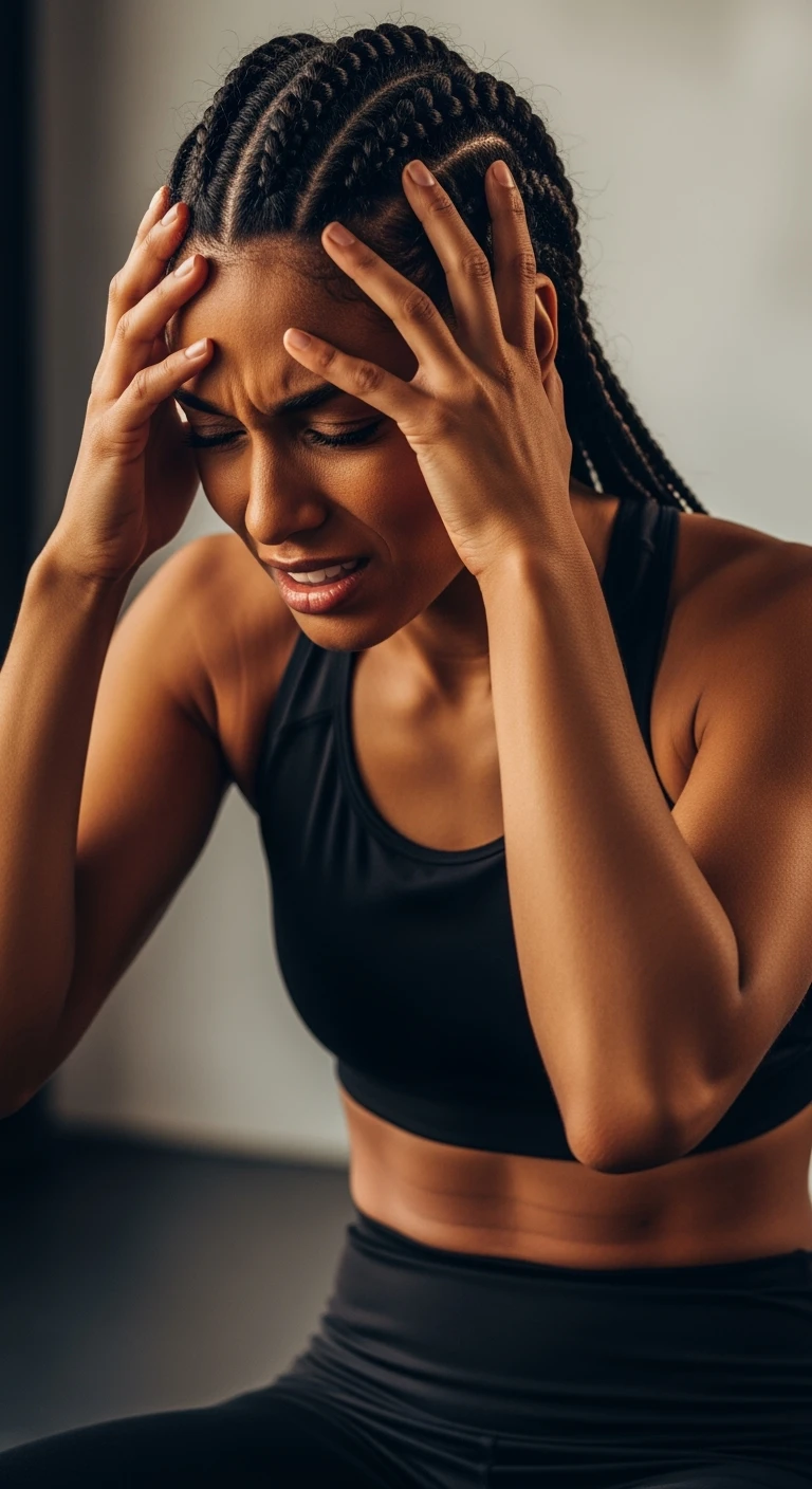 DONNA FITNESS STRESSATA CHE SI TIENE LE MANI SULLA FRONTE, IPERREALISTICA 4K emoji