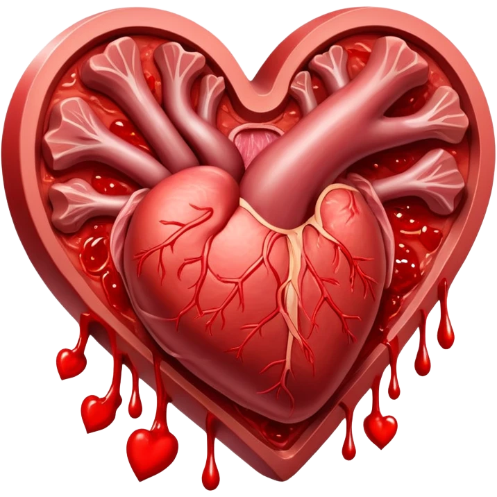 Glowing pieces of red meat and liver floating around a bright red heart and shining blood cells. Red energy streams connect the meats to the blood and heart, showing how heme iron creates vitality and supports circulation throughout the body. emoji