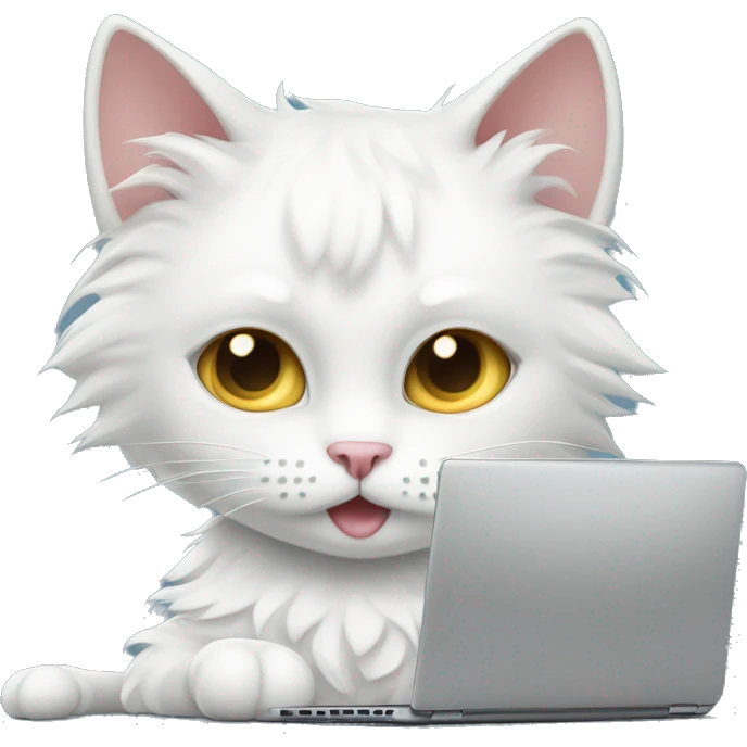 White curly cat sits next to laptop. She looks like working, but her face expression is puzzled, as she doesn’t understand what she has to do  emoji