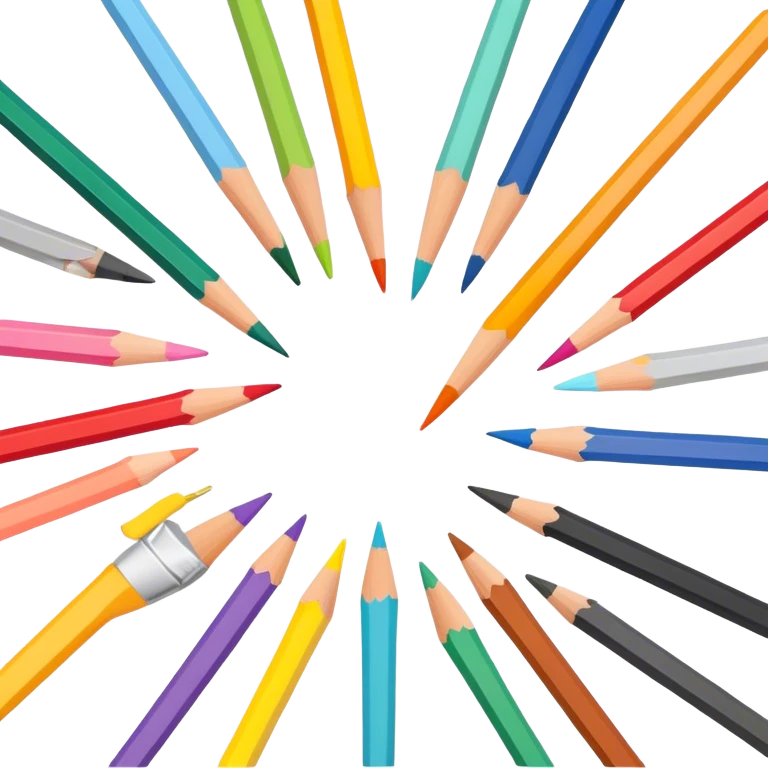 Drawing tools, colored pencils, brushes, pastels, sketching, artistic tools scattered, vibrant colors, clean lines, minimalistic, on a white background, no extra details. emoji