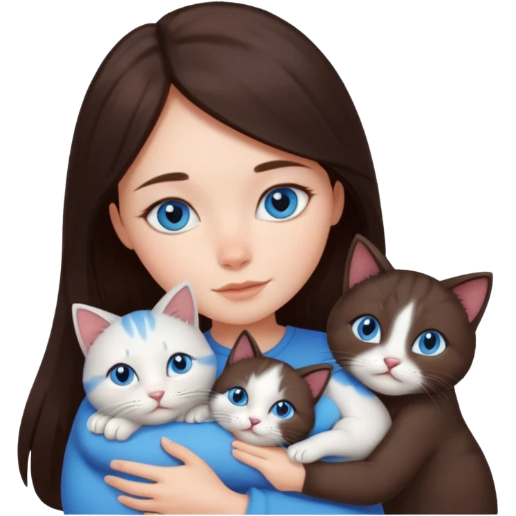 a girl with long dark 
brown hair, with blue eyes, hugs 3 different natural coloured cats emoji