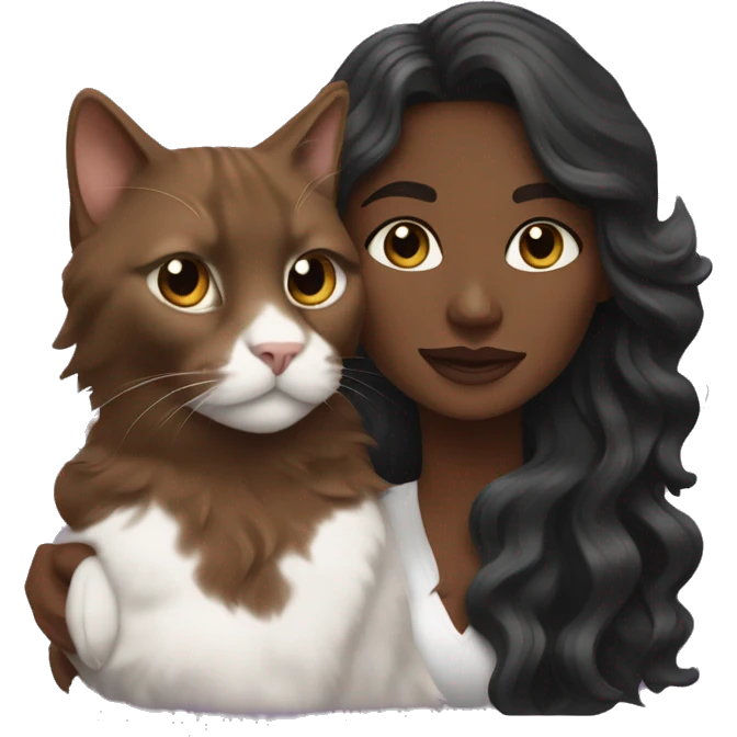 long wavy haired brown skin woman holding black and white cat emoji