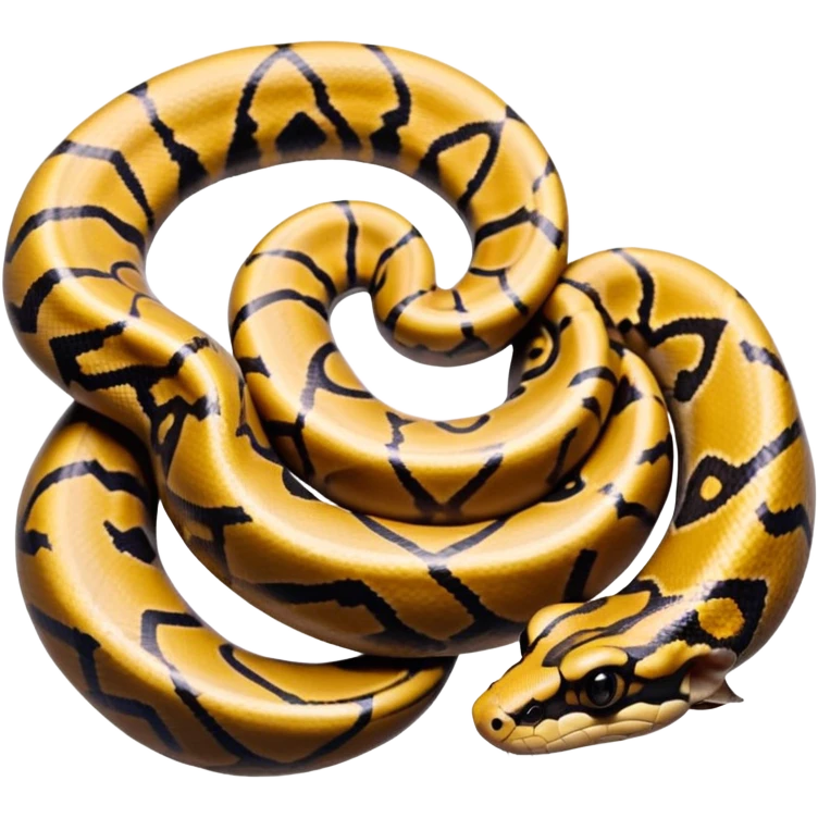 A photo-realistic top-down view of a Ball Python gently coiled into a tight spiral, with its head resting peacefully at the center. Its scales are warm brown with bold, irregular black markings, including the distinctive “alien-head” pattern, flowing smoothly along its body.  emoji
