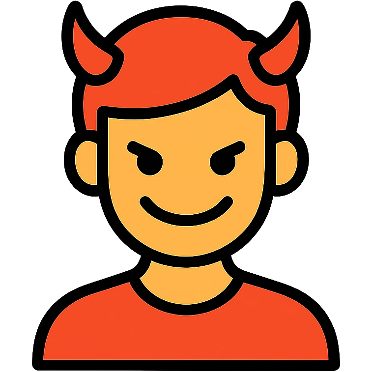 character with red hair, sinister smile, small black eyes, red devil horns, clean modern icon style emoji