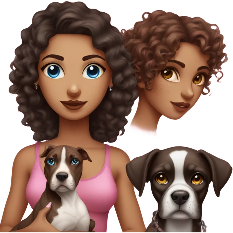 Beautiful tattooed curly dark brown haired woman, holding a boxer dog, and pink sphinx with blue eyes emoji