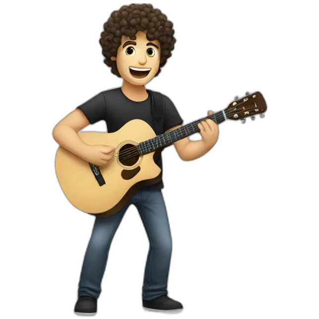 A caucasian guy with curly dark hair playing guitar and singing in concert emoji
