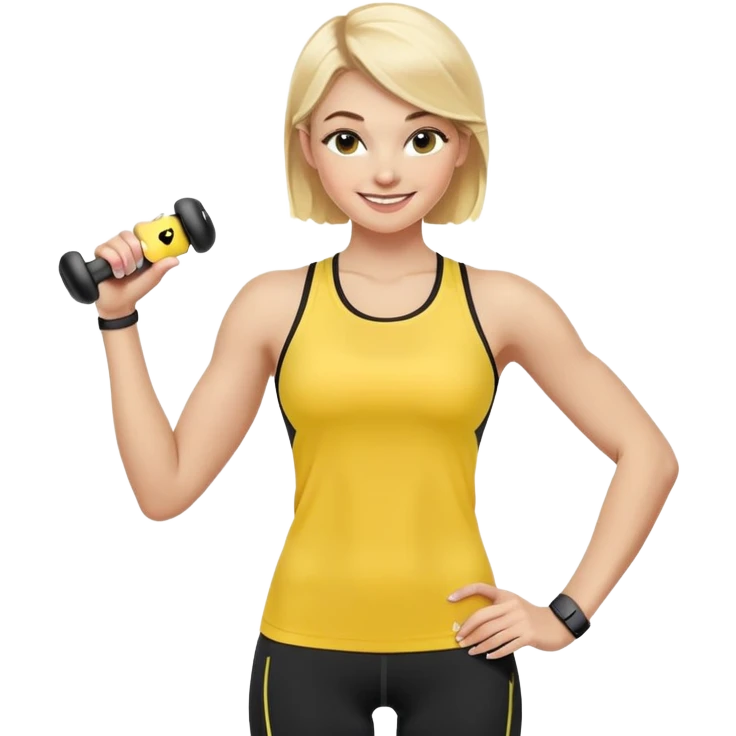 Sporty blonde woman in yellow top and black leggings, showing bicep, smiling, with wireless earbud and Apple Watch emoji