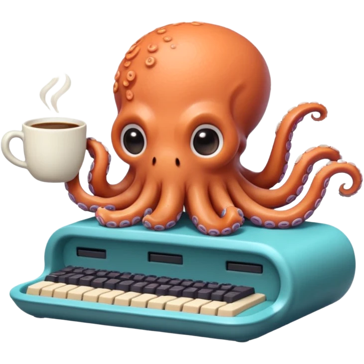 A cute chibi octopus sitting at a tiny desk, typing on a miniature keyboard with all eight arms while sipping coffee from a giant mug. Vibrant pastel colors, rounded edges, extremely expressive, sticker-style, transparent background. emoji