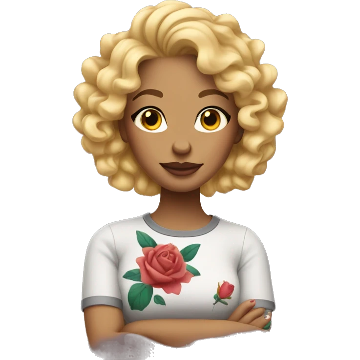 Woman with curly blonde hair with tattoos and looks like a cool mom emoji