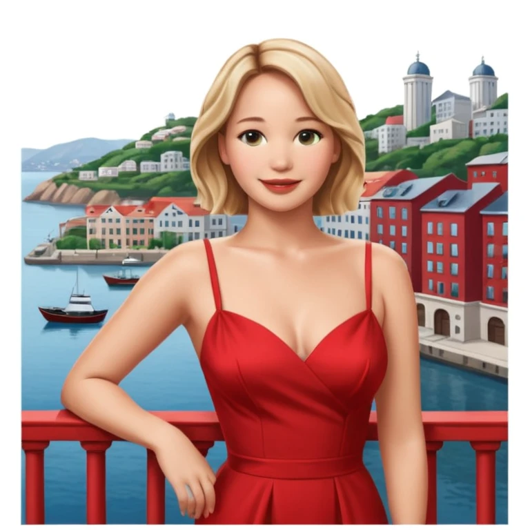 jennifer lawrence, red dress leaning on a balcony with a harbor and cityscape in the background, smiling, closeup emoji