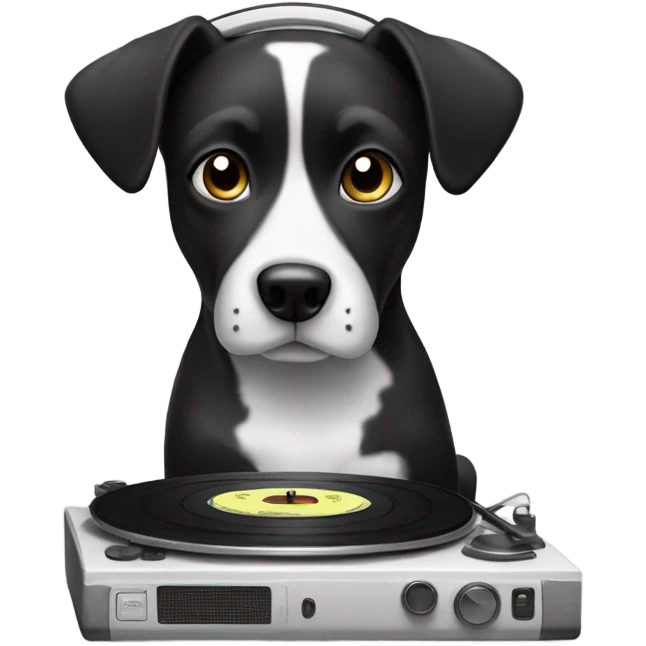 Black and white dog listening to vinyl on headphones emoji