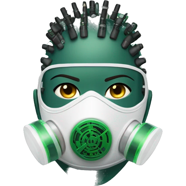Dark green Mohawk female cyborg head with white respirator mask and circuits emoji
